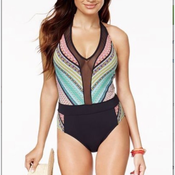 Bleu Rod Beattie Baja Bazaar Mesh Insert av-Neck Halter Tie Swimsuit Navy SZ8